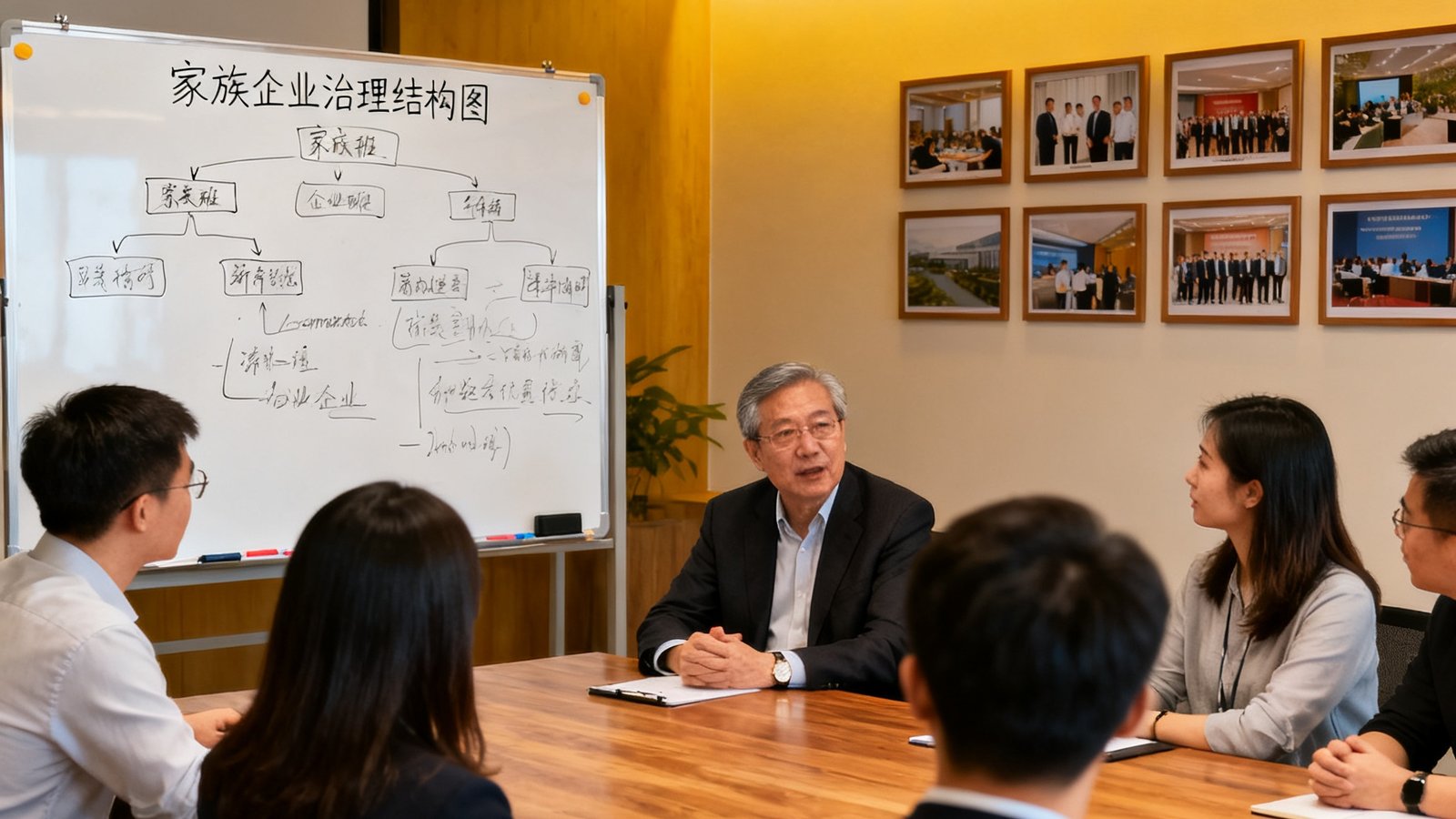 企业二代传承工作坊现场，数位二三十岁的年轻企业接班人围坐在资深导师身旁认真聆听，白板上写满家族企业治理结构图