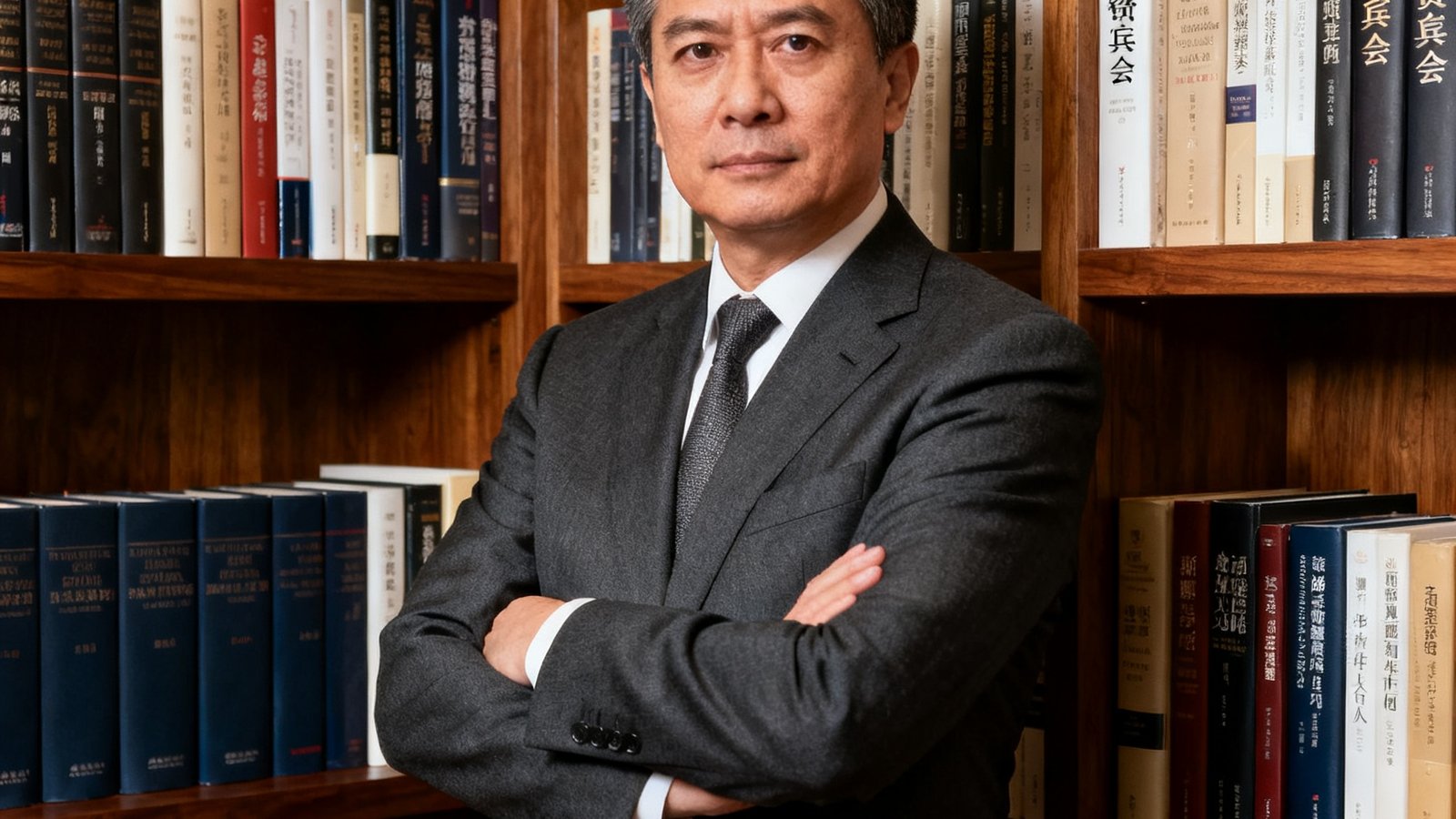 PA贵宾会创始人周铭远，前波士顿咨询公司大中华区合伙人，五十岁左右男性，穿着剪裁精良的深灰色西装，站在摆满商业书籍的实木书架前，双臂自然交叉，表情沉稳而目光锐利
